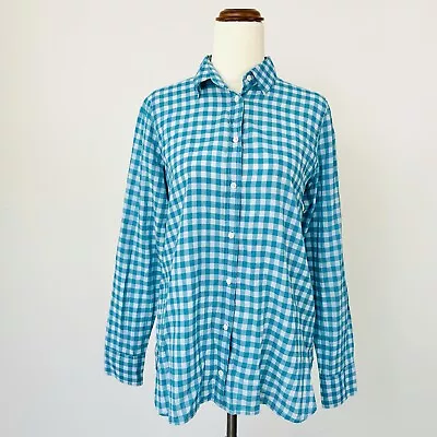 J Crew Boy Fit Shirt Check Gingham Blue Long Sleeve Cotton Blend Size 8 AU 4 US • $49.95