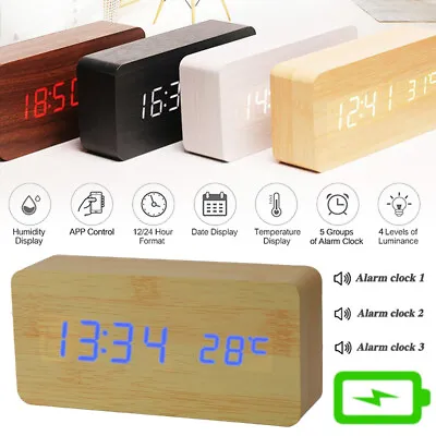 £15.37 • Buy Wooden Digital LED Alarm Clock Bedroom Desk Thermometer Date Voice Control Decor