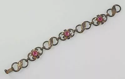 VINTAGE VAN DELL Gold Filled On Sterling Link Bracelet Flower Leaf Pink Stone  • $39.99