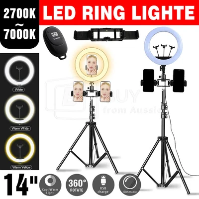 $5.99 • Buy 14 LED Ring Light 6000K 3 Colour Dimmable Stand Tripod Phone Holder Studio Video