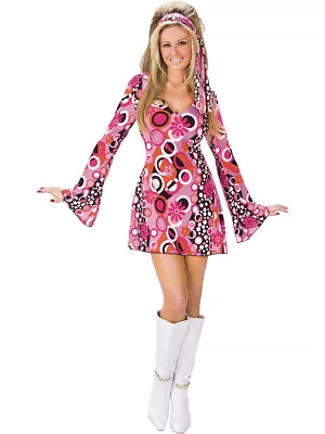 Women's 70s Feeling Groovy Pink Floral Disk Dress Costume Medium-Large 10-14 • $23.09