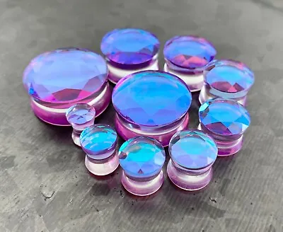 PAIR Faceted Mermaid Iridescent Glass Double Flare Plugs Gauges Body Jewelry  • $13.95