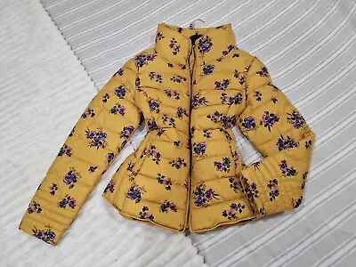 TU Padded Floral Puffer Coat Jacket Mustard Yellow Size 14 • £29.99