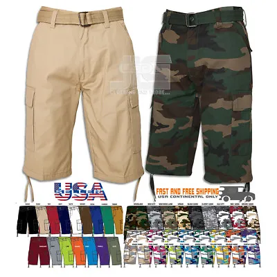 Men Regal Wear Solid Camouflage Belted Cargo Shorts Cotton Twill Size 32 To 44 • $26.99