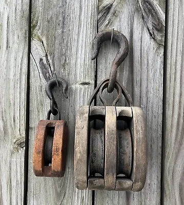 Vintage Wooden Double And Single Block And Tackle Boat Barn Anvil Logo Hoist • $49.95