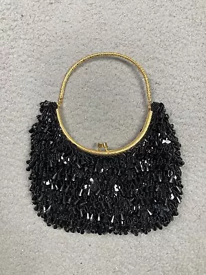 VTG Beaded Evening Bag Black Gold Handle Kiss Clasp Closure Handmade Hong Kong • $27.95