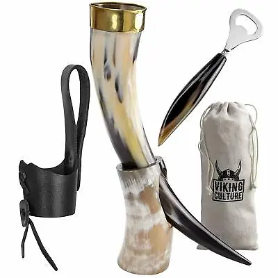 Viking Culture - Viking Horn Mug With Beer Opener Stand Genuine Leather Belt  • $42.98