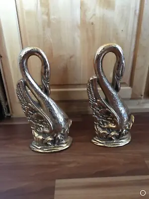 Superb Vintage Cast Brass Swan Andirons Fireplace Guard- Pair ANDIRON • $99.99