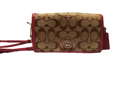 COACH Legacy Signature Penny Khaki/Berry Canvas Leather Mini Crossbody Bag • $55