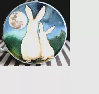 WHITE RABBIT MOON Bunny Large Pendant 20  Sterling Silver 925 Necklace Gold Gift • $13.99