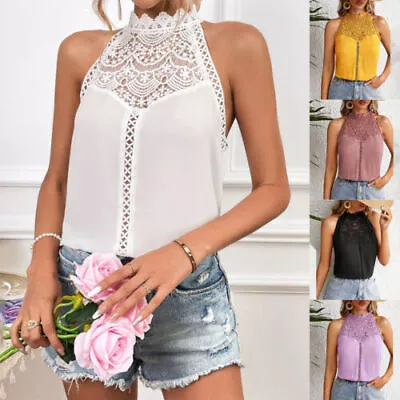 Womens Sleeveless Lace Halter Neck T Shirt Ladies Hollow Out Tank Tops Blouse 14 • £11.29