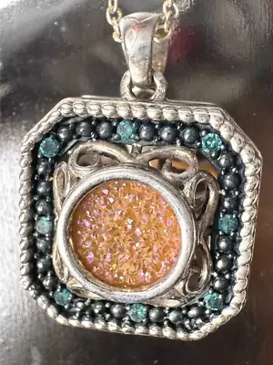 925 Sterling Silver Druzy Mineral & Diamond Vinaigrette Locket Pendant Necklace • $70