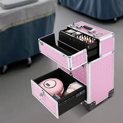 $70 • Buy Professional Makeup Train Case Rolling Cosmetic Trolley Beauty Travel Box Pink