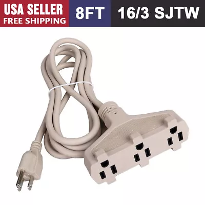 8ft SPT-3 16/3 Indoor Extension Cord Beige3-Outlet Power Strip3 Prong Grounded • $10.96