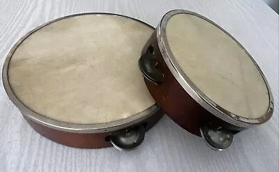 Two Vintage Hide & Wood Tambourines / 15cm  & 19cm Diameter. • $27.35