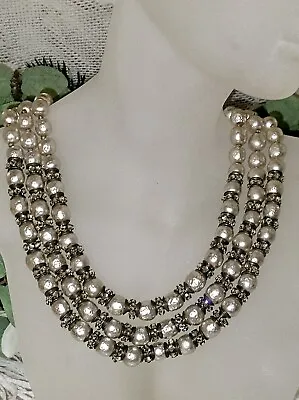 Glittering Miriam Haskell 3 Strand Baroque Pearl & Rose Montee Necklace • $250
