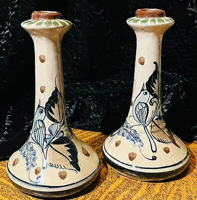 Fantastic Vintage TONALA Mexican Pottery FOLK ART Candlestick Holders SIGNED • $26