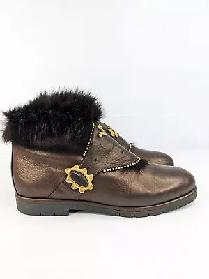 Size 6 Vintage 80s Ladies Copper Bronze Brown Leather Ankle Boots With Studs Fur • $49