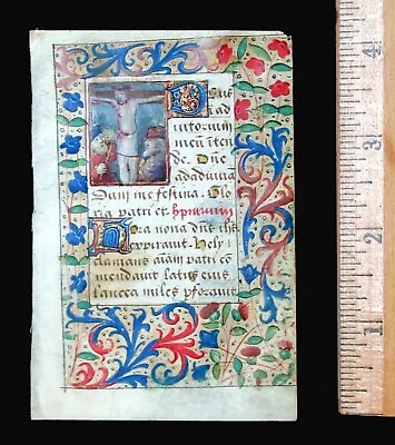 $950 • Buy C. 1500 MEDIEVAL BOOK OF HOURS LEAF, FRANCE, ILLUMINATED CRUCIFIXION MINIATURE