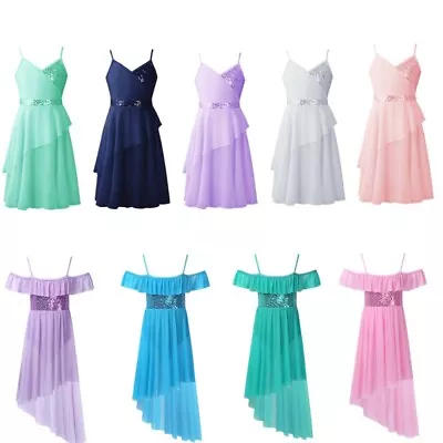 Kid Girls Ballet Dance Chiffon Ruffle Dress Sequin Ballet Latin Ballroom Costume • $24.85