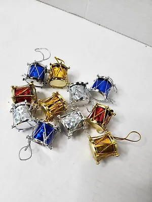 Lot Of 11 Miniature Plastic Drum Christmas Tree Ornaments Gold Silver Blue Red • $3.99