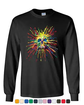 Paint Splatter Skull Long Sleeve T-Shirt Multicolor Art Crazy Melting Drip Tee • $23.95