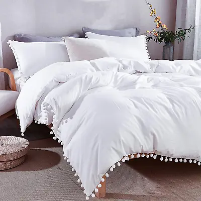 £47.06 • Buy Pom Pom Fringe Duvet Cover Queen Size (90X90 Inch), 3 Pieces (1 Solid White Duve