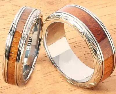 Titanium Scroll Koa Wood Flat Wedding Ring Set (2rings) • $188