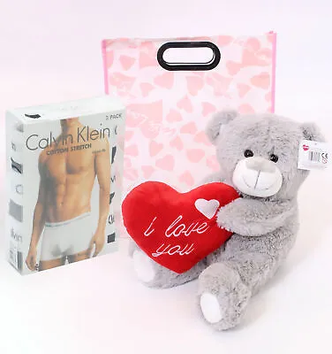 Valentines Day Gift Set Teddy Bear Mens Black Calvin Klein Boxers Gift Bag • £35.99