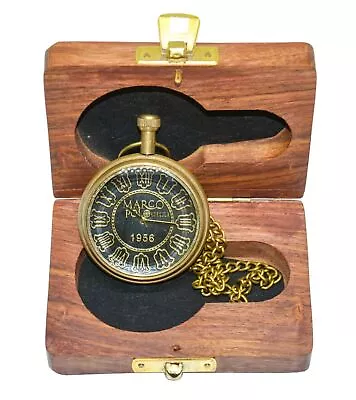 Antique Vintage Maritime Brass Marco Polo Pocket Watch 1956 Fob With Wooden Box • $29.82