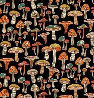  Pumpkin & Spice  Mushroom Mushrooms Fabric 100% Cott•1 Yd*BTY*Black•Fast Ship! • $12.99