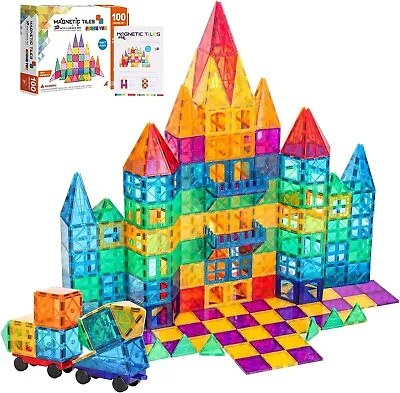 3D Set Magna Tiles Clear Colors Magnetic Building Toy Magnet Blocks Kids 100 Pcs • $48.87