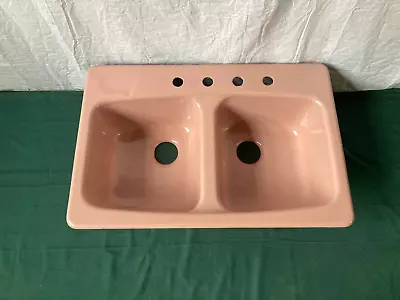 Vtg Kohler Sink Cast Iron Wild Rose Pink Porcelain Double Basin Drop In 101-24E • $895