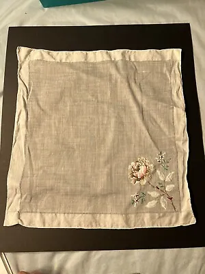White Linen Hankerchief Embroidered Pink Roses Design Hem Edge Vintage Retro • $5