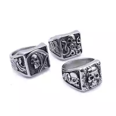 Personalized Retro Death Gothic Rose Skull Head Stainless Steel Ring Size 7-13 • £15.22