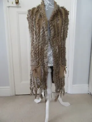 Brown Knitted Acrylic & Rabbit  Fur Gilet Sleeveless Waistcoat Tassels One Size • £20