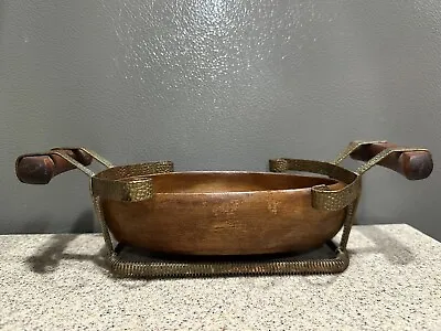 Vintage Adjustable Metal Wood Casserole Dish Holder Brass Springs Bowl Decor • $16