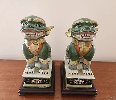 2 Vintage Guardian Chinese Ceramic Fu Foo Beast Lions Dogs Green Height 10in • $400.49