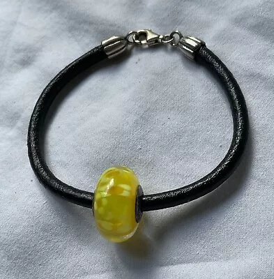 Sterling Silver - PANDORA Yellow Murano Glass Bead 8.5  Leather Bracelet - 12g • £24.33