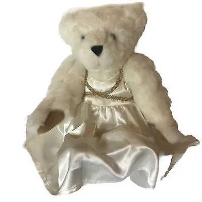 HM Authentic Vermont Teddy Bear Co White Jointe Fluffy Bear Gold Dress Plush 16” • $18.04