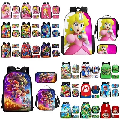 3Pcs/Set Super Mario Princess Peach School Backpack Lunch Bag Pencil Case Gift • £11.99