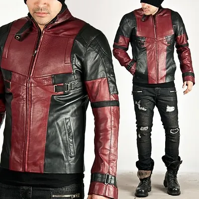 Ryan Reynolds Deadpool Front Zip Closure Red And Black Leather Motorcycle Jacket • $69.99