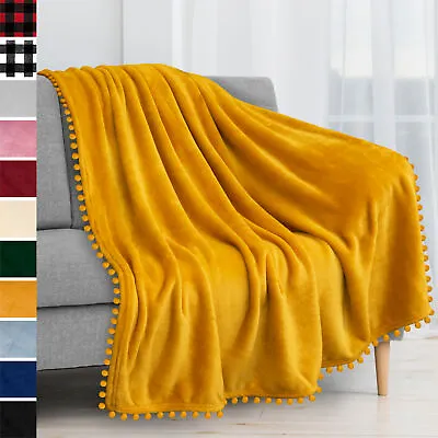 Pom Pom Throw Blanket Pom Fringe Tassel Soft Microfiber Fleece For Sofa Couch • $28.99