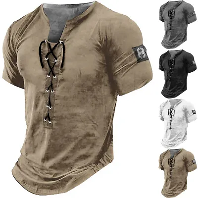 £5.99 • Buy Mens Lace Up Muscle Slim Fit T-Shirt Grandad Short Sleeve Gym Fitness Tee Tops