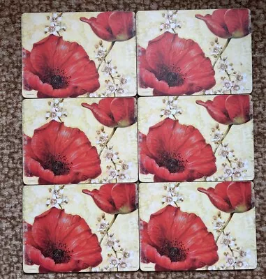 6pc POPPY DE VILLENEUVE “Red & Beige” Beautiful Floral Placemats Mats PIMPERNEL • $18.99