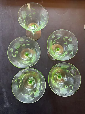 5 Vintage Etched Green Vasaline Art Deco Champagne Coup Cocktail Glasses Floral • $59