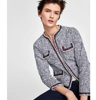 Zara Blue Tweed Cropped Jacket Size Small • $60