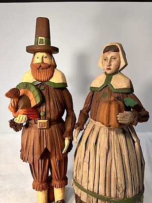 Thanksgiving Harvest Pilgrim Couple 26” Tall Made W/ Wood Pumpkin Stems Stalks • $279