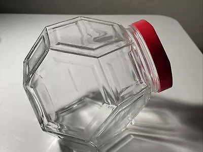 BORGONOVO￼ Vintage Hexagonal Glass Biscuit Cookie Jar W/ Red Plastic Twist Lid • $37