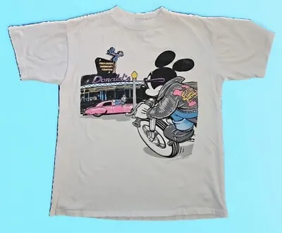 Donalds Diner T Shirt Single Stitch Disney Mickey Mouse Motorcycle Size L Vtg • $49.95